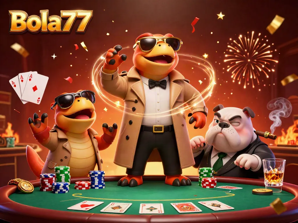 Bola777 menghadirkan ilustrasi konyol tiga raptor menyaru sebagai manusia untuk memasuki kasino VIP.