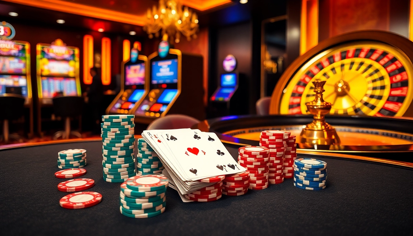 Experience high-stakes fun at 33BD's elegant casino tables with vibrant cards and poker chips.