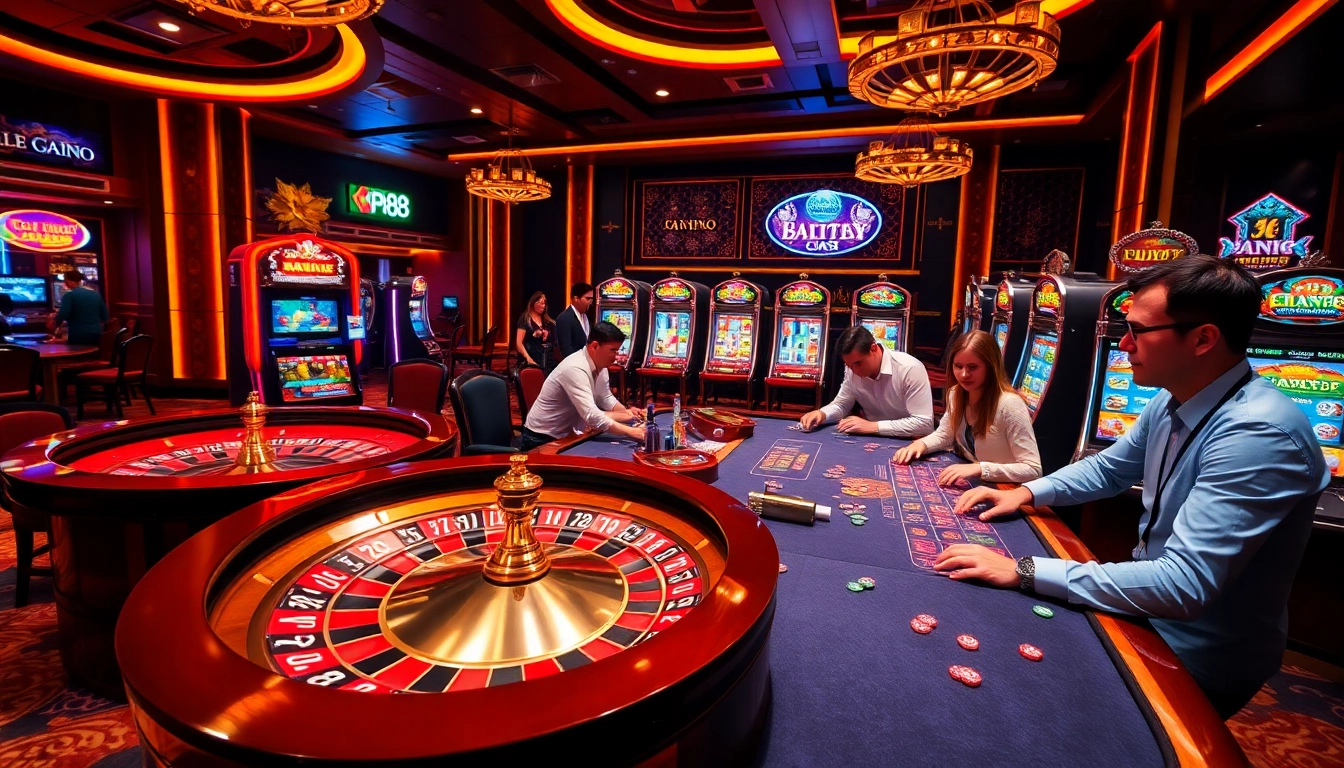 Players enjoying thrilling games at KP88 casino, highlighted by a vibrant roulette table.
