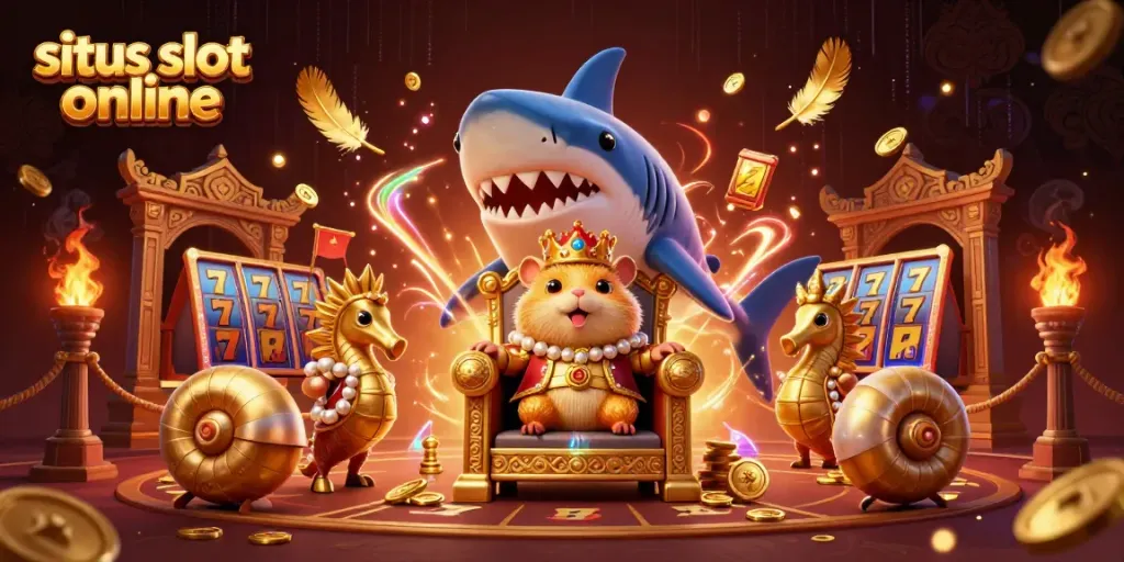 Permainan situs slot online menampilkan raja hamster dengan mahkota, slot reels, dan koin emas bertebaran.
