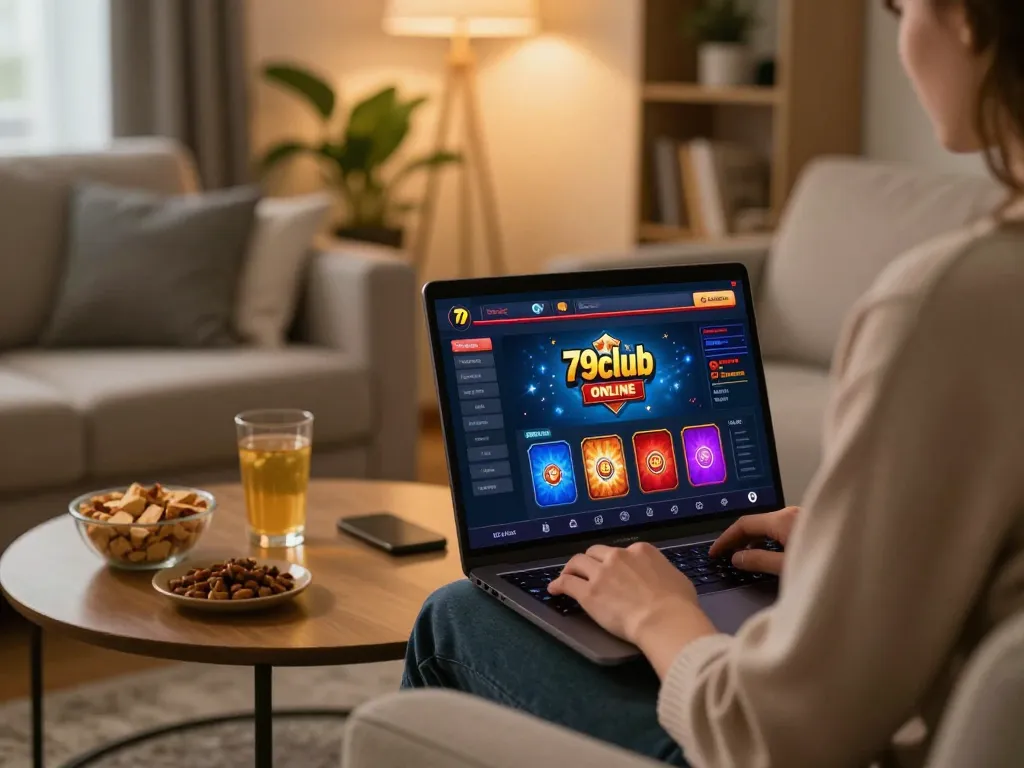 Engaging online gaming experience with 79club on a cozy sofa, showcasing a laptop and vibrant game visuals.
