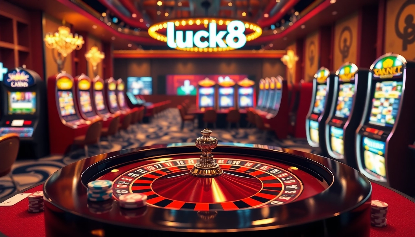 Experience the thrill of luck8 at an elegant casino table surrounded by poker chips and slot machines.
