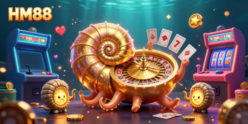 Engage with HM88 through a vibrant 3D casino scene featuring a giant nautilus roulette and glowing cards.