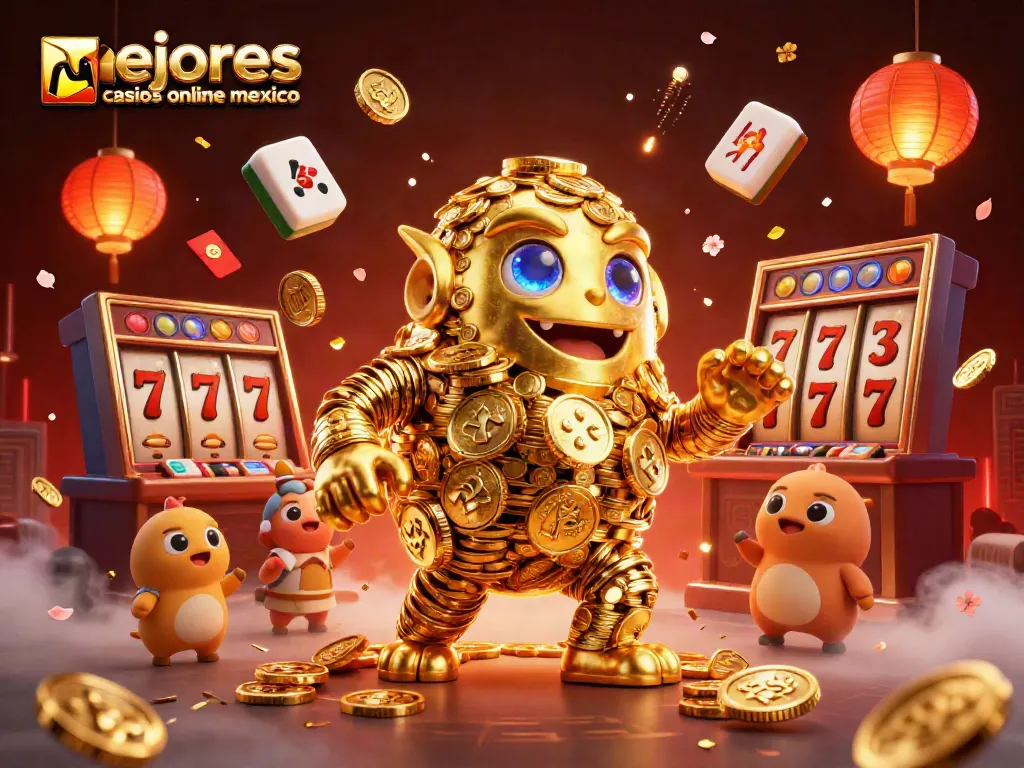 Explora los mejores casinos online en México con un golem de oro rodeado de símbolos y elementos de juego.