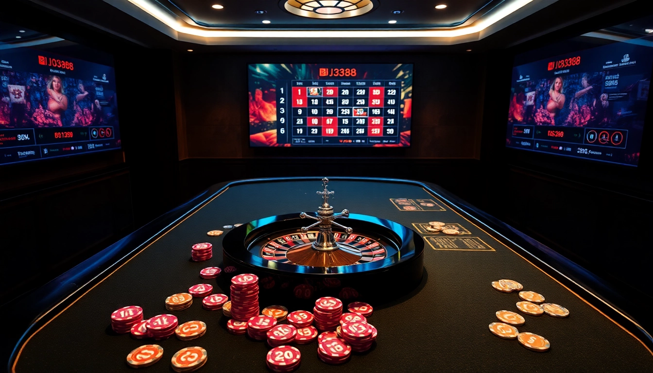 Experience the excitement of BJ388 with a luxurious casino scene featuring poker chips and a roulette wheel.