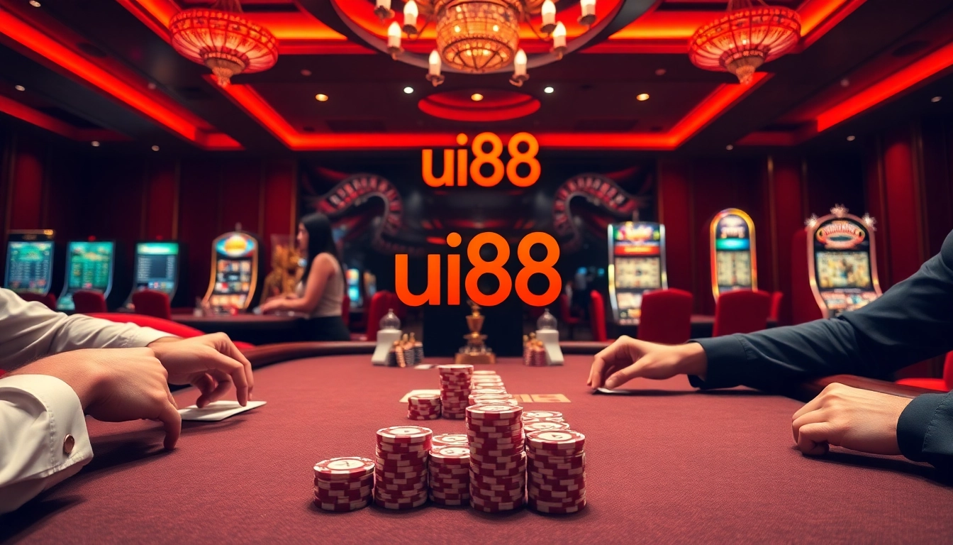 Players enjoy intense poker action at uu88's luxurious casino tables.