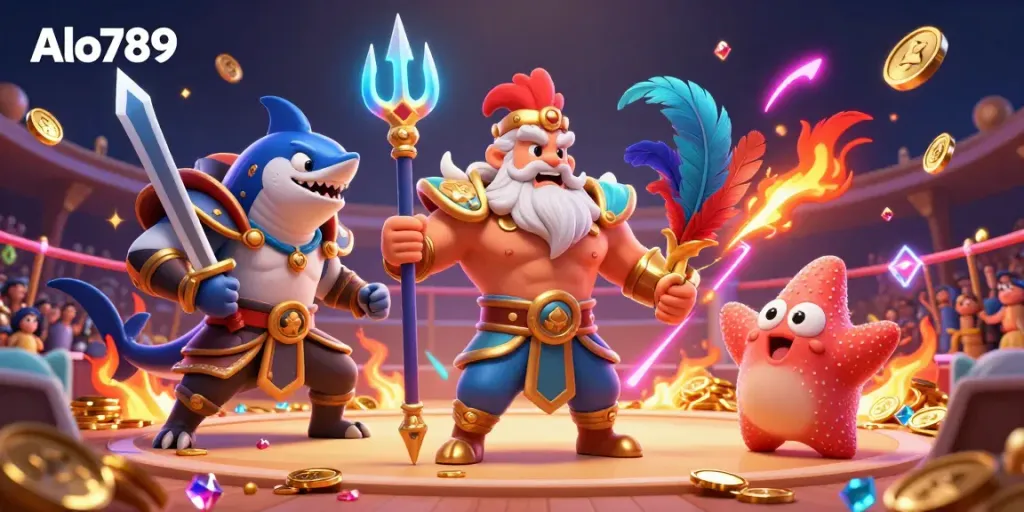 Alo789 captivates with 3D cockfighting illustration showcasing Neptune and gems.