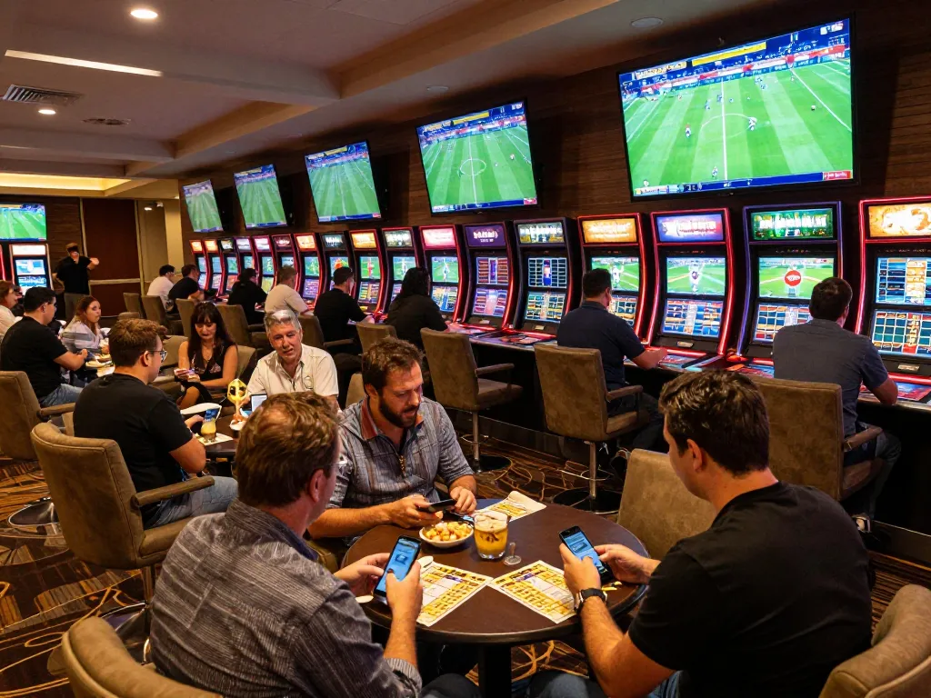 Engaged bettors analyzing tỷ lệ bóng đá kèo nhà cái during live matches in a modern casino environment.