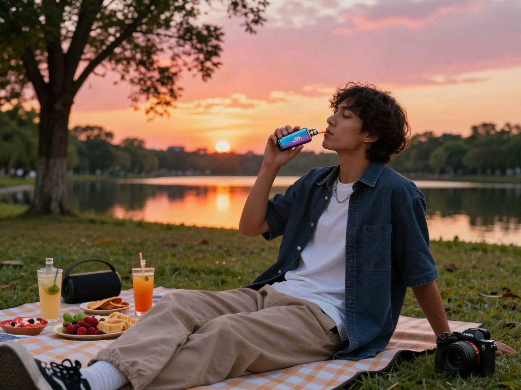 Person enjoying Hitz Infinity Gen 7 vape outdoors, sunset background enhances relaxing mood.