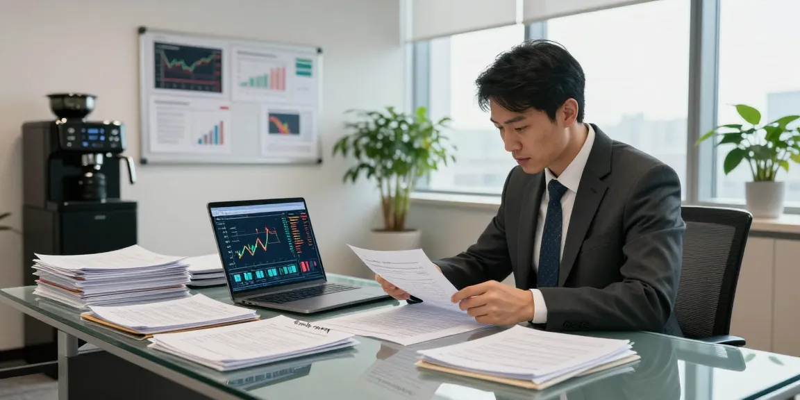 Detailed scene of a forensic accountant performing asset tracing in a corporate office.