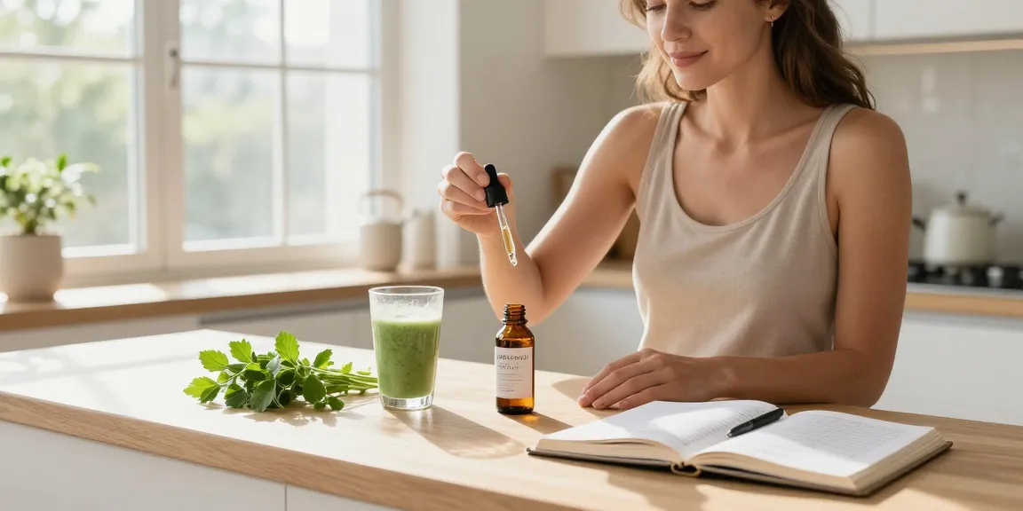 geek thc wellness routine with CBD oil tincture and healthy smoothie in bright kitchen
