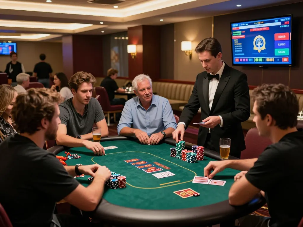 W88 gaming lounge with players at poker tables and professional dealer, vibrant casino atmosphere