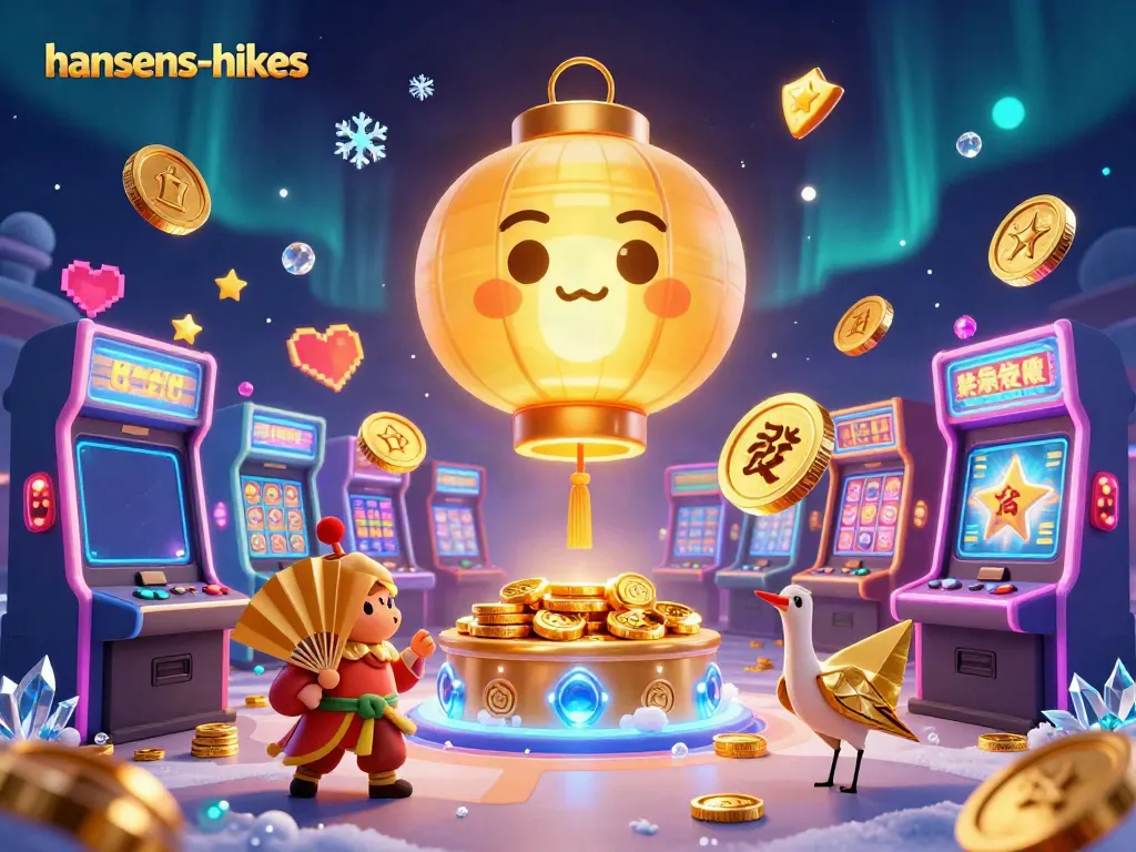 Permainan slot dan karakter berwarna cerah dari hansens-hikes menunjukkan simbol keberuntungan yang megah.
