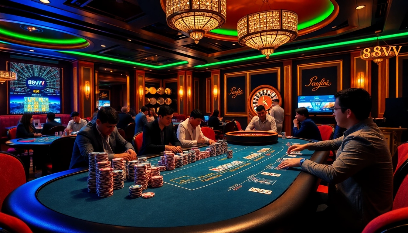 Engaged players enjoying an exciting poker game at 88vv's luxurious casino table.