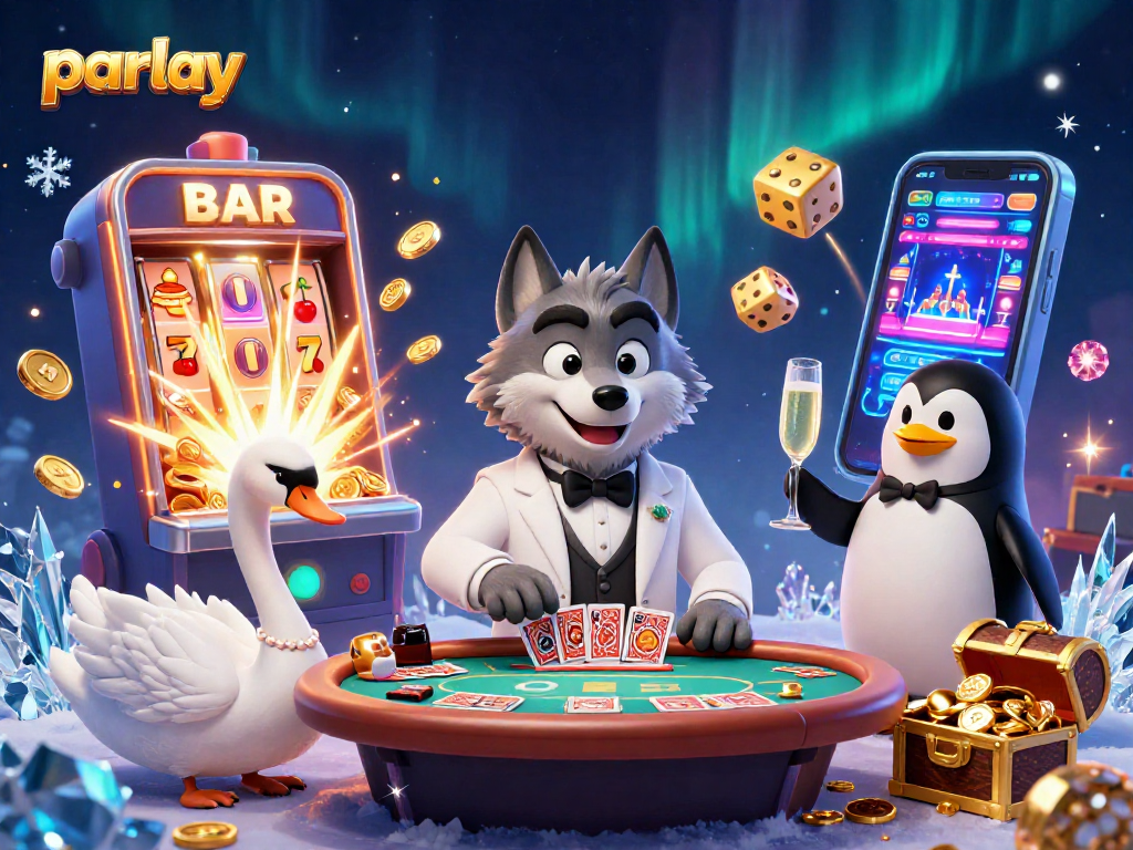 Experience parlay betting with lively characters and a dynamic casino background