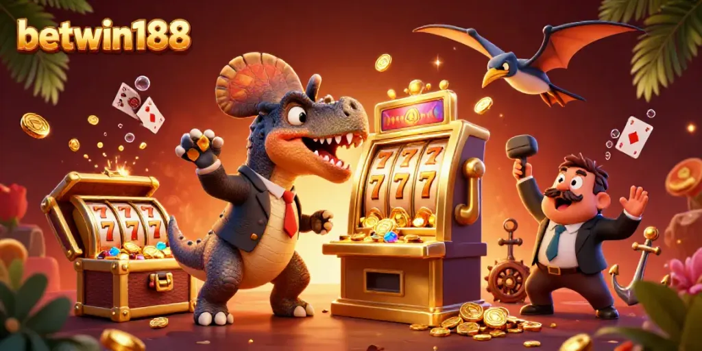 Slot jackpot menang dengan betwin188 saat kartun dinosaur beraksi mengumpulkan koin emas.