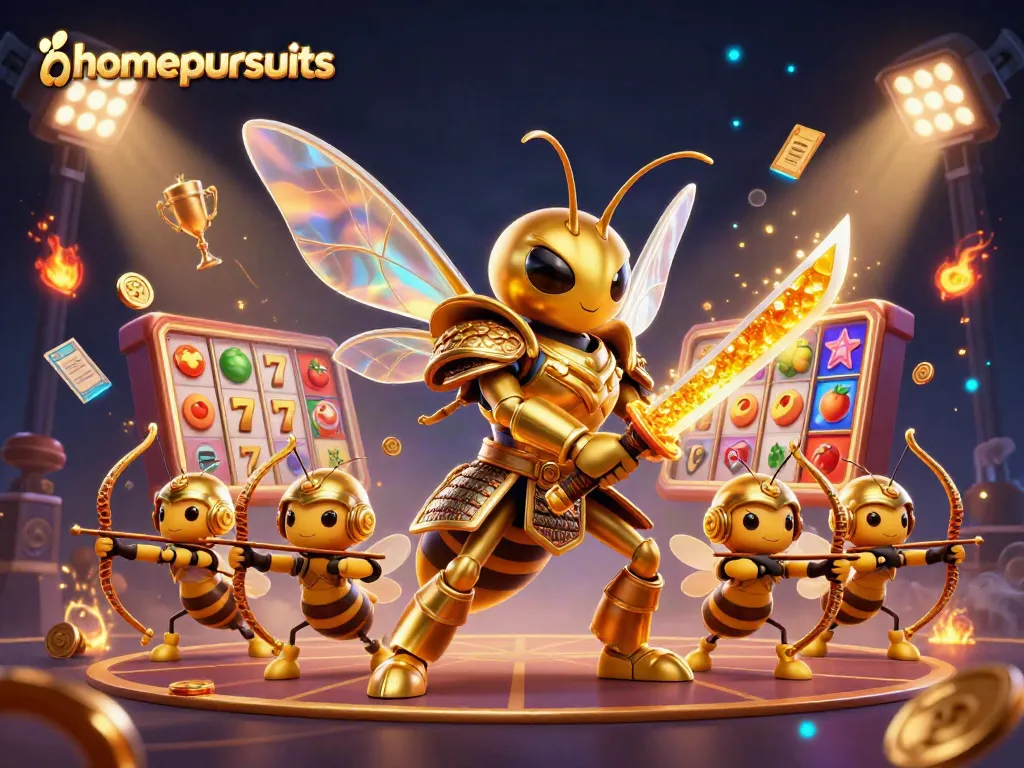 Gambarkan homepursuits dengan karakter kartun emas beruang samurai di kasino, dikelilingi elemen mesin slot.