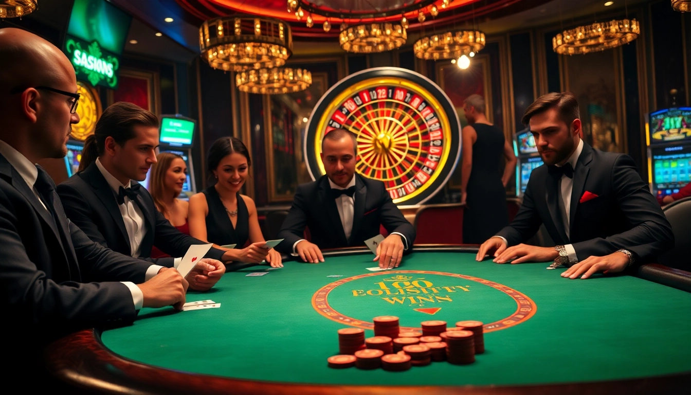 WN678 poker players strategizing in a vibrant casino atmosphere with roulette and chips.