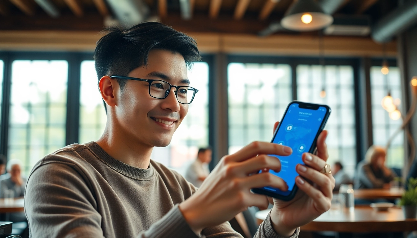 快连下载 application displayed on a smartphone in a cafe, showcasing seamless global internet connectivity.