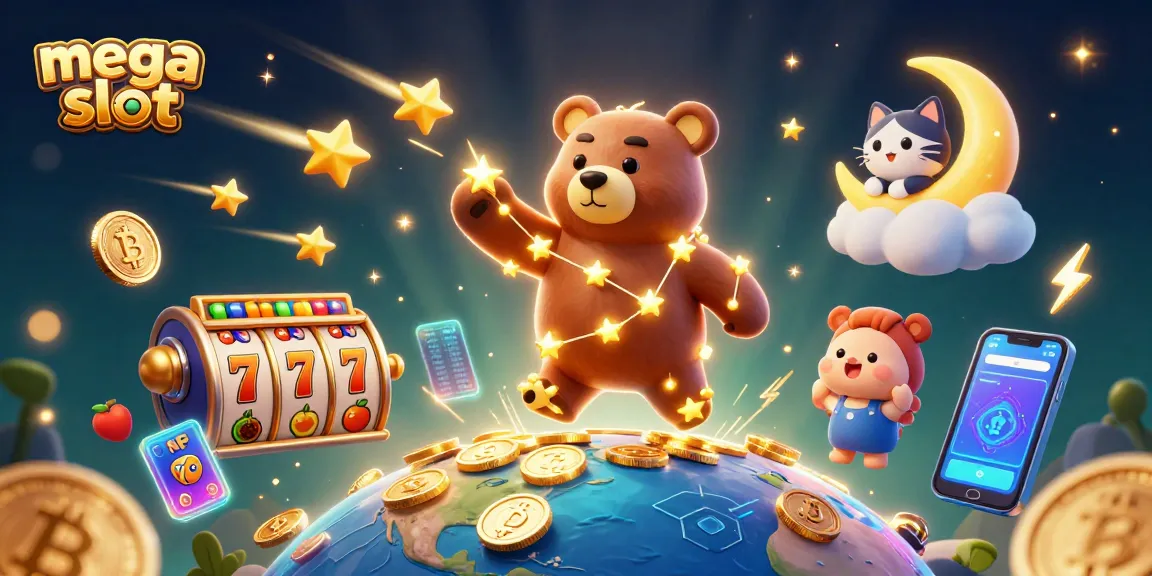 Menangkan jackpot mega slot dengan karakter beruang bintang yang bercahaya, dikelilingi simbol keberuntungan dan koin crypto.