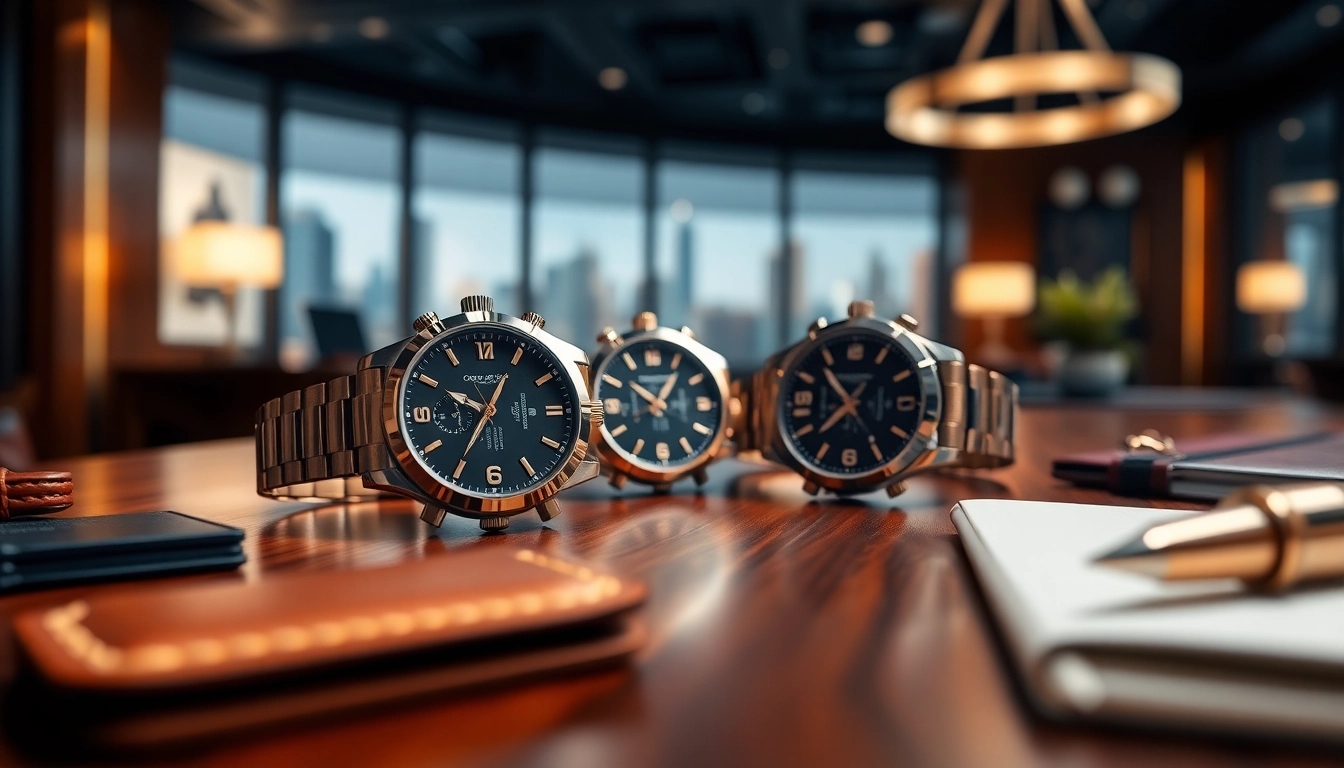 Showcase of super clone watches in a luxurious office setting emphasizing quality craftsmanship.