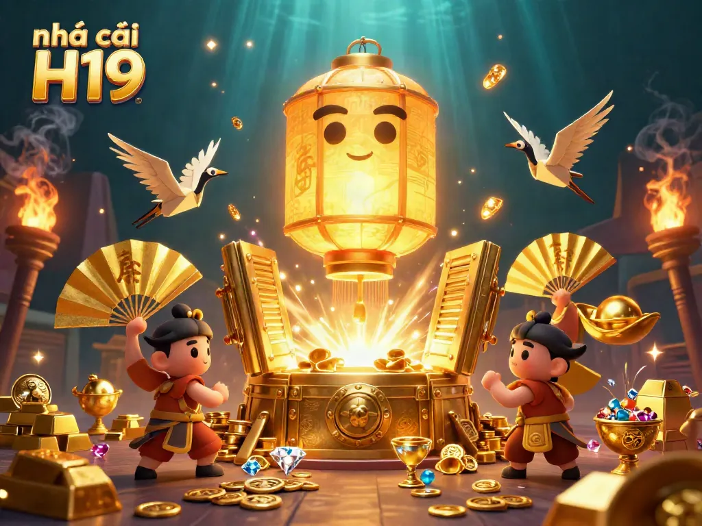 Engage with nhà cái H19 at a vibrant casino scene with glowing spirits and treasures.