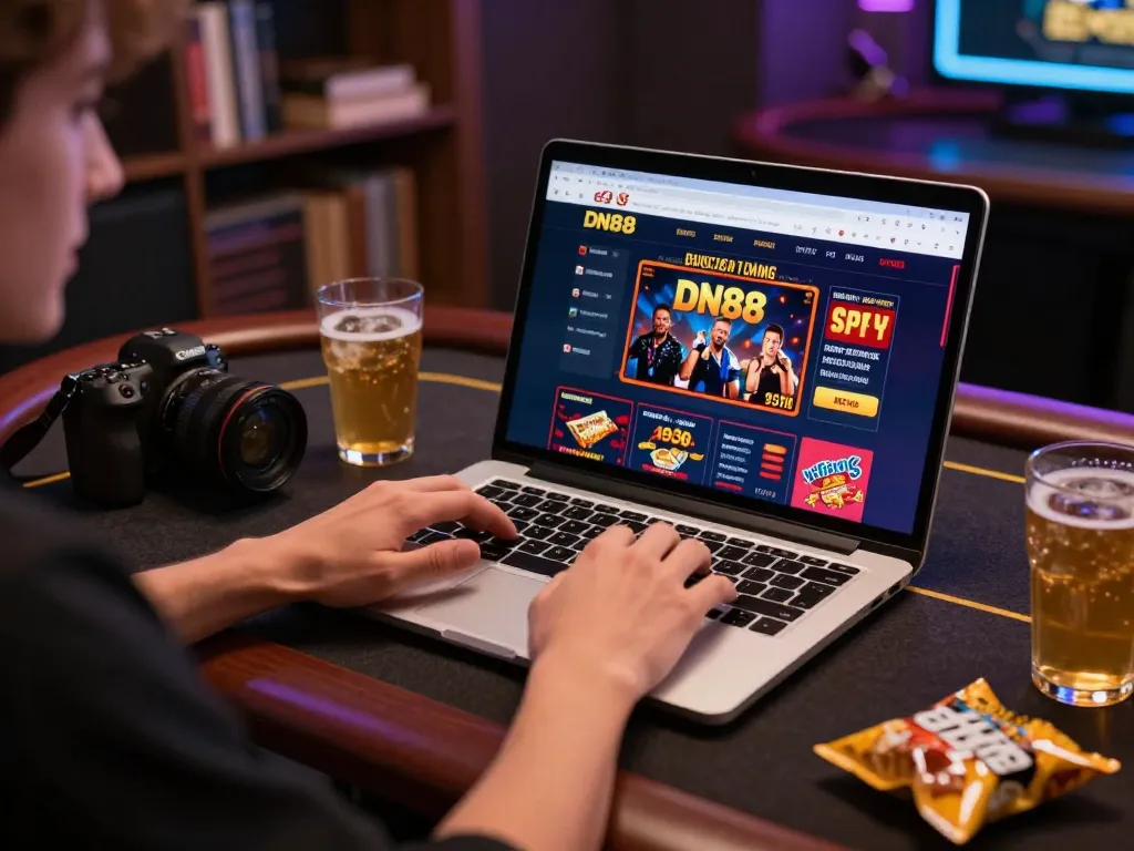 Engaged player on dn88s using laptop for online gambling with snacks and warm lighting.