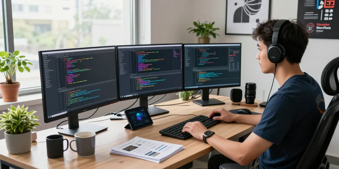 Developer coding at a modern workspace, showcasing the telegram官网 features and tools for software innovation.