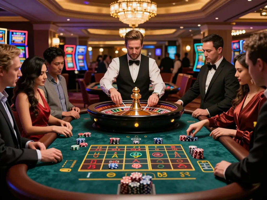 Engaged players placing bets at the roulette table at https://56win.bid/, creating an enticing casino atmosphere.