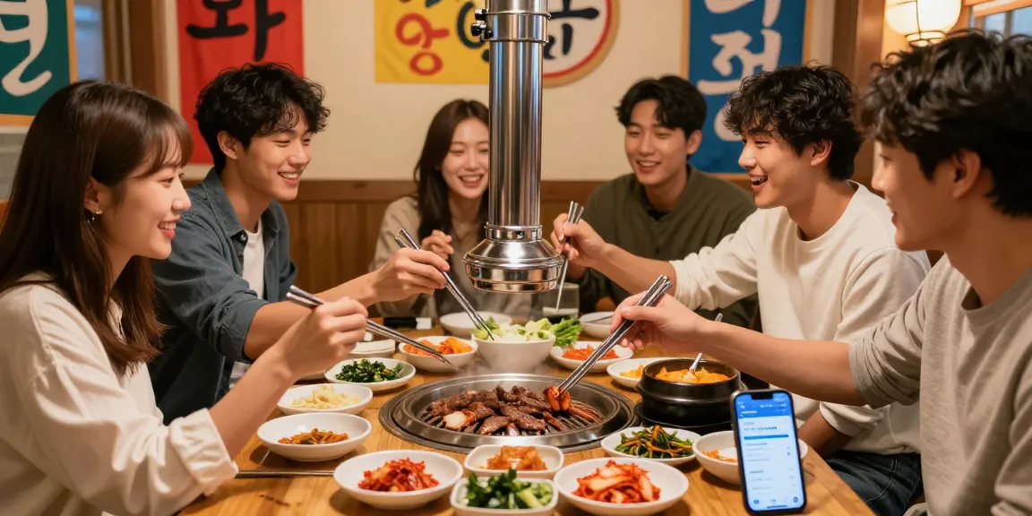 A vibrant dinner at a Korean BBQ with friends enjoying dishes while exploring culture through https://hanadultalk.com