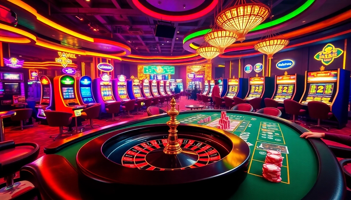 Capture the excitement of nhà cái vip66 with a vibrant casino scene showcasing poker chips and roulette wheels.