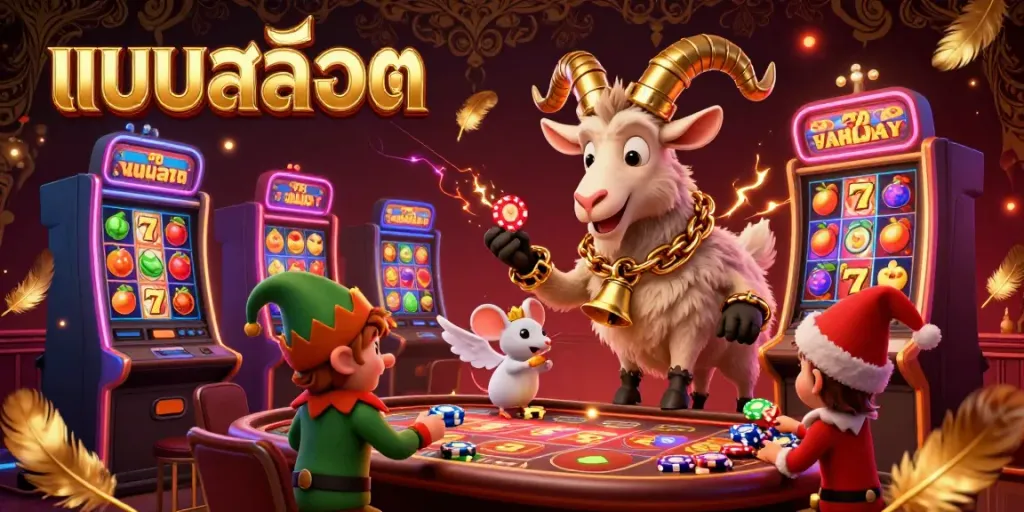 Engaging scene of แบบสล็อต casino with Krampus managing games and elf gremlins stealing chips.