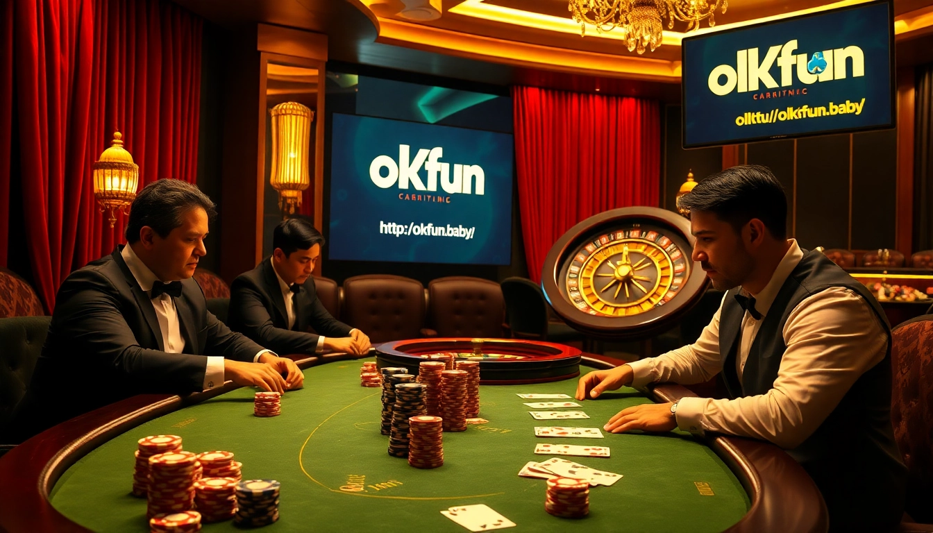 Join the excitement at https://okfun.baby/ with players strategizing at a luxurious poker table.