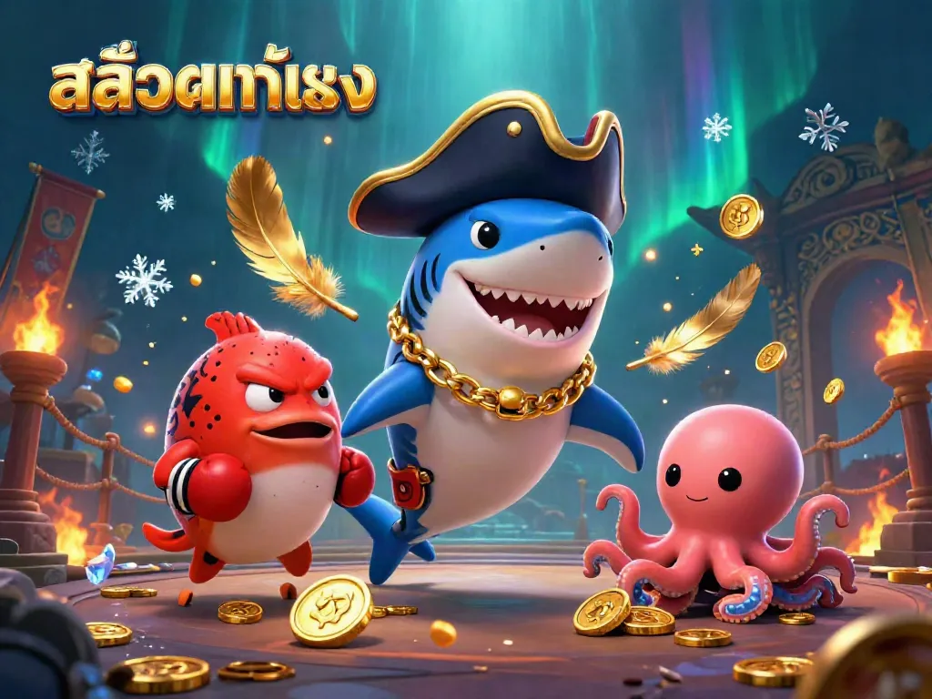 Engage with สล็อตแท้ตรง featuring a pirate shark, pufferfish, and octopus in a vibrant casino scene.