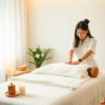 오산 출장마사지 서비스: 젊은 마사지사가 고요한 가정 환경에서 편안한 마사지를 제공하는 모습.