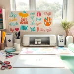 Cricut SVG designs displayed on a crafting workspace with vibrant tools.