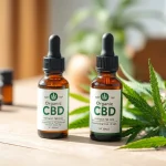 Showcasing Organic CBD oil dropper bottle amid fresh hemp leaves on wooden surface.