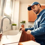 24 hour plumber NYC fixing a leaking sink in a modern kitchen, showcasing professionalism and reliability.