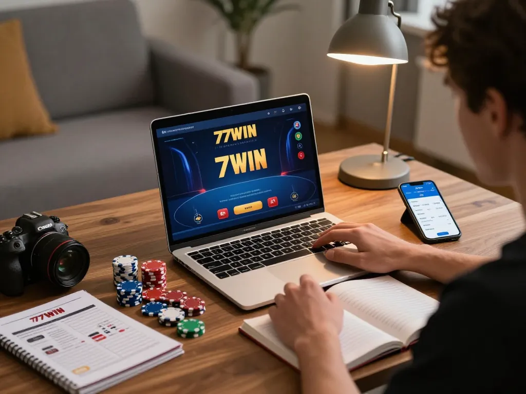 Engaging with the 77WIN poker interface at home, highlighting responsible gaming and strategy elements.