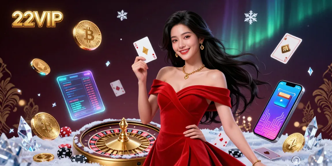 Experience 22VIP with a stunning young Asian woman beside a roulette wheel, showcasing vibrant casino elements.