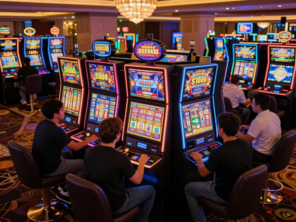 Engaged players celebrating wins at slot machines while experimenting with a slot bet 100.