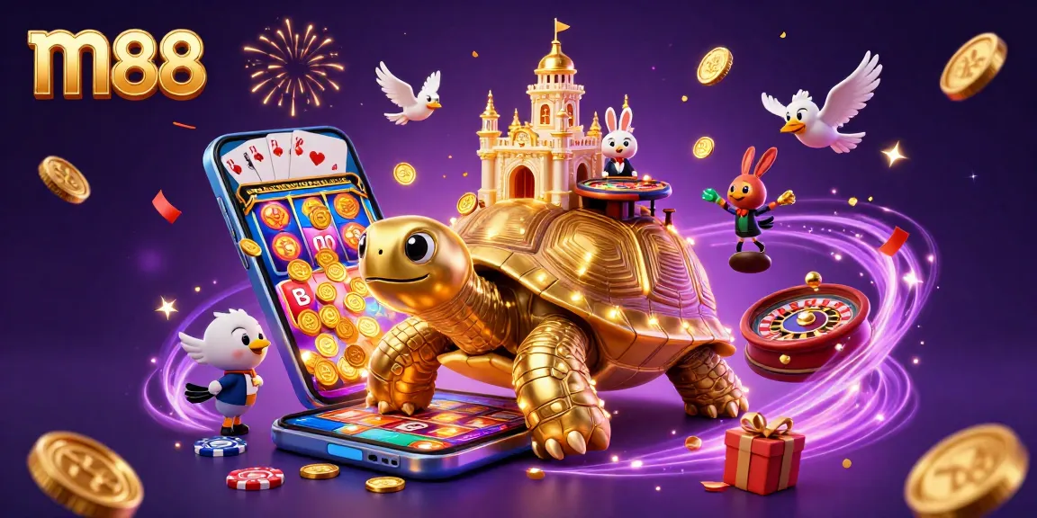 Spin vibrant m88 slot games amidst golden tortoise and festive celebration elements.