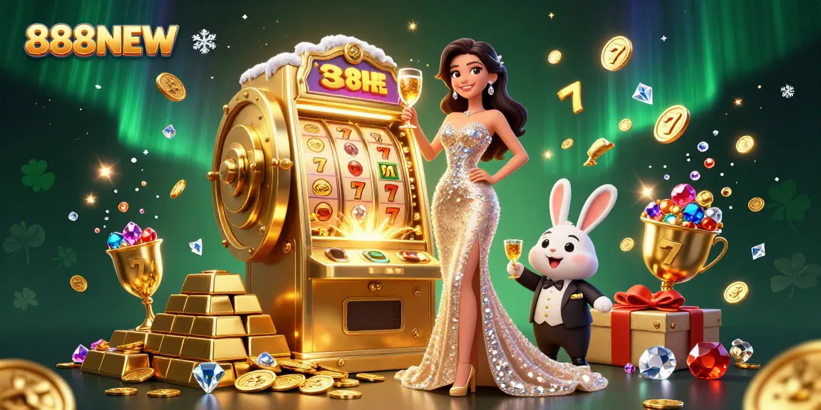 Join the excitement at 888NEW with a glamorous atmosphere featuring a jackpot slot machine and elegant croupier.