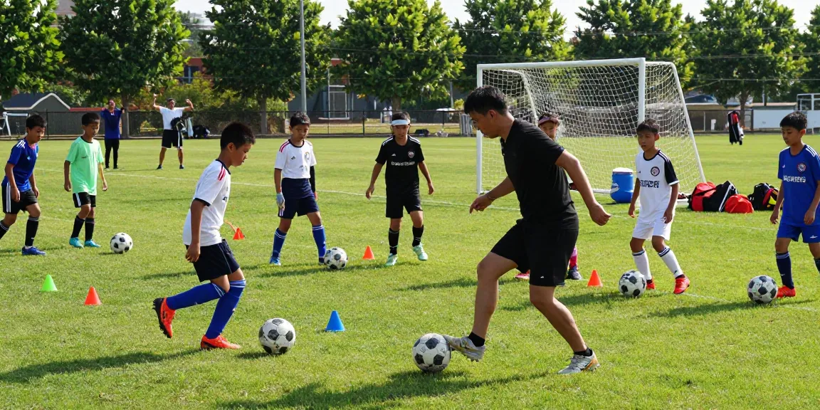 Youth soccer practice scene showing young players and coach in action on this page.