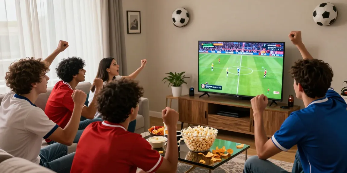 Penggemar menonton live streaming bola di ruang tamu dengan suasana penuh semangat.